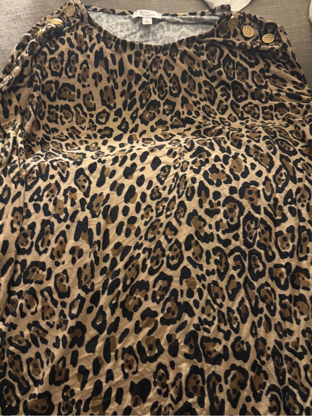 Kim Rogers Leopard Print Button-Shoulder Long Sleeve Top in Brown & Black
